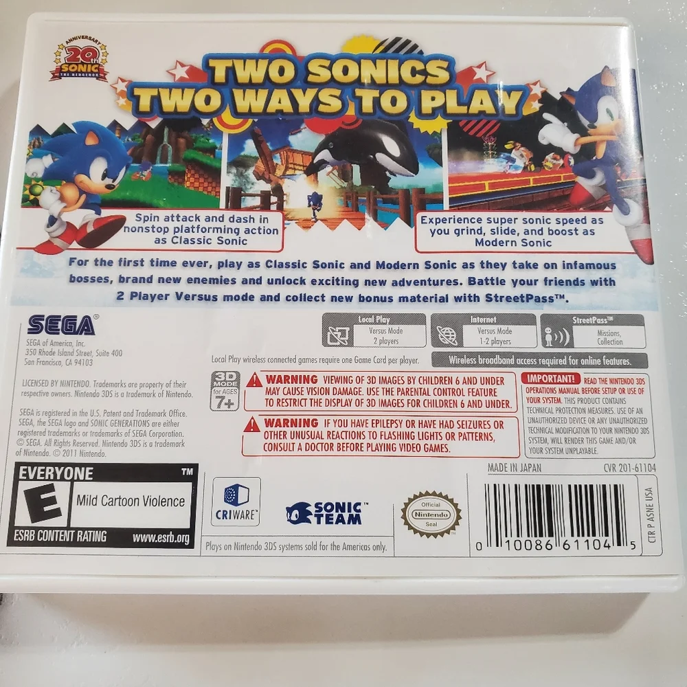Sonic Generations Nintendo 3DS Video Game SEGA *TESTED*